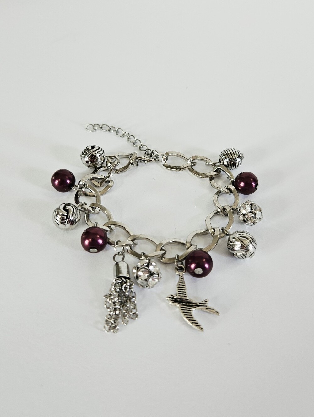 Paparazzi "Lady Love Dove" Silver Tone Chain Purple Bauble Bird Charm Bracelet